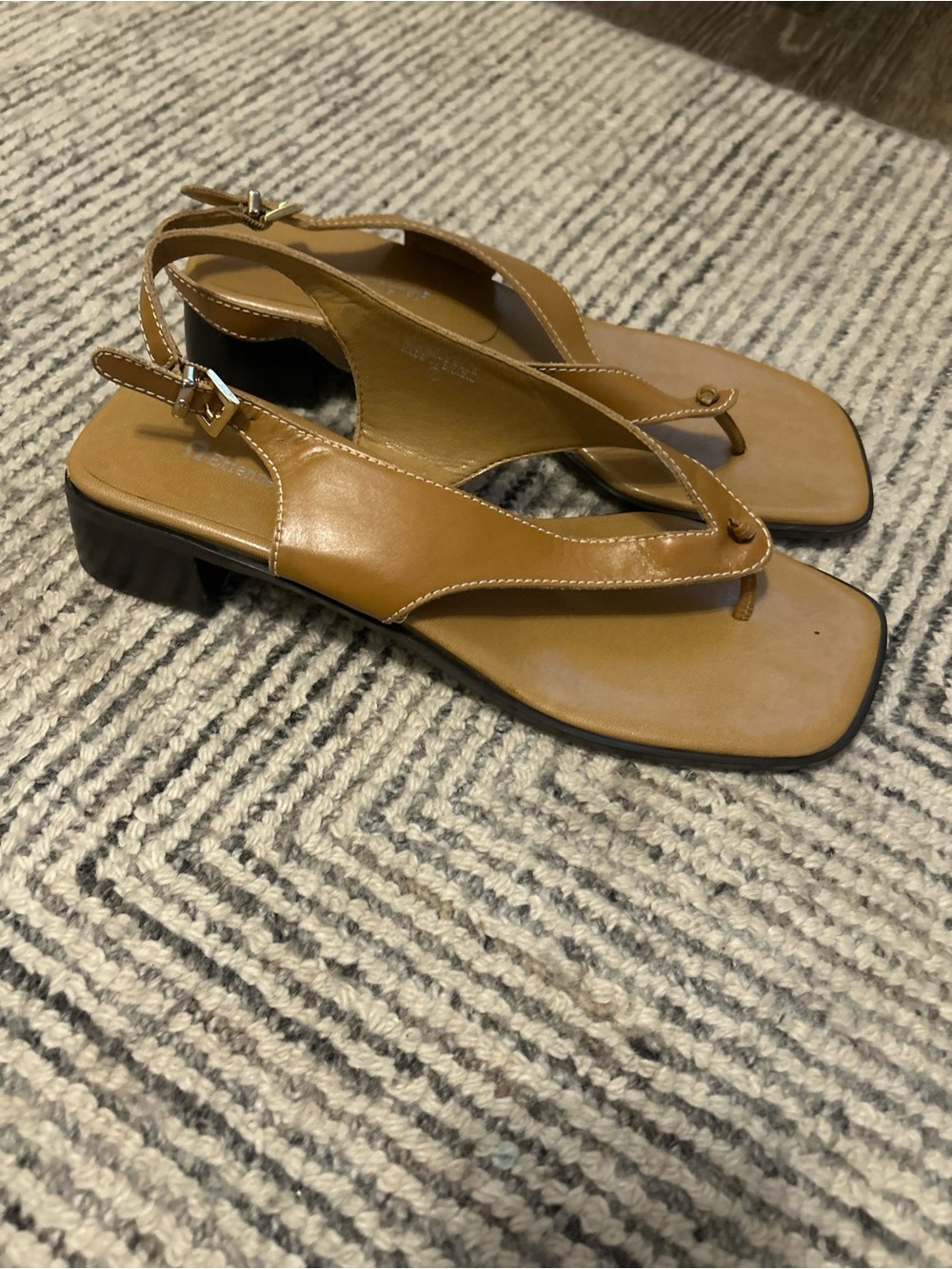 Y2K Minimalist Women’s Tan Leather Slingback Sandals Size 10 Squaree toe Block
